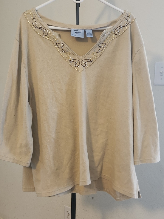 Jane Ashley Tops - Jane Ashley Beige Embellished V-Neck Top
